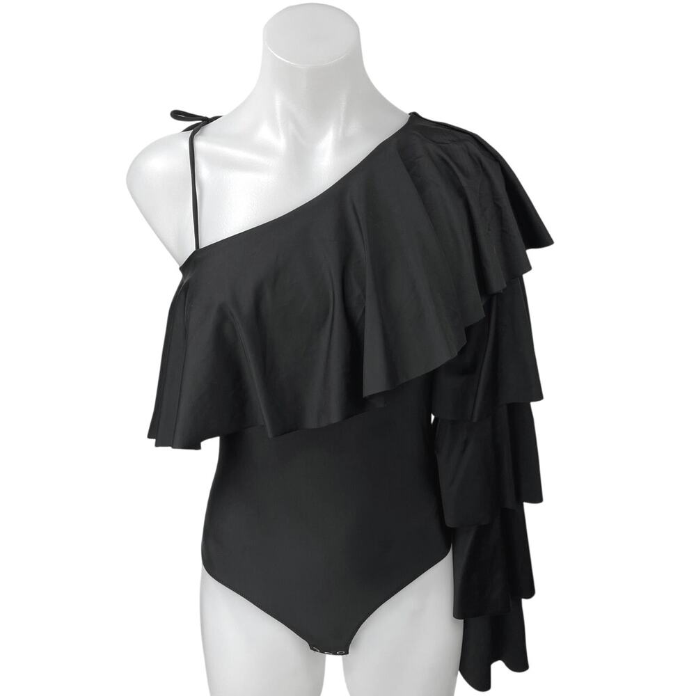Monki Womens Black One Shoulder Ruffle Long Sleeve Bodysuit Blouse Top Size 1